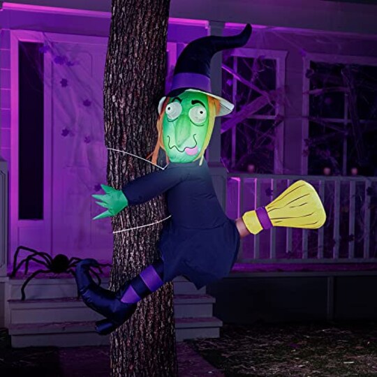 Joiedomi; 4 FT Tall Halloween Inflatable Witch Crashing Into Tree with Build-in LEDs Blow Up Inflatables for Halloween Party Indoor, Outdoor, Yard, Garden, Lawn Decorations; Category:Halloween Inflatables; Image:1